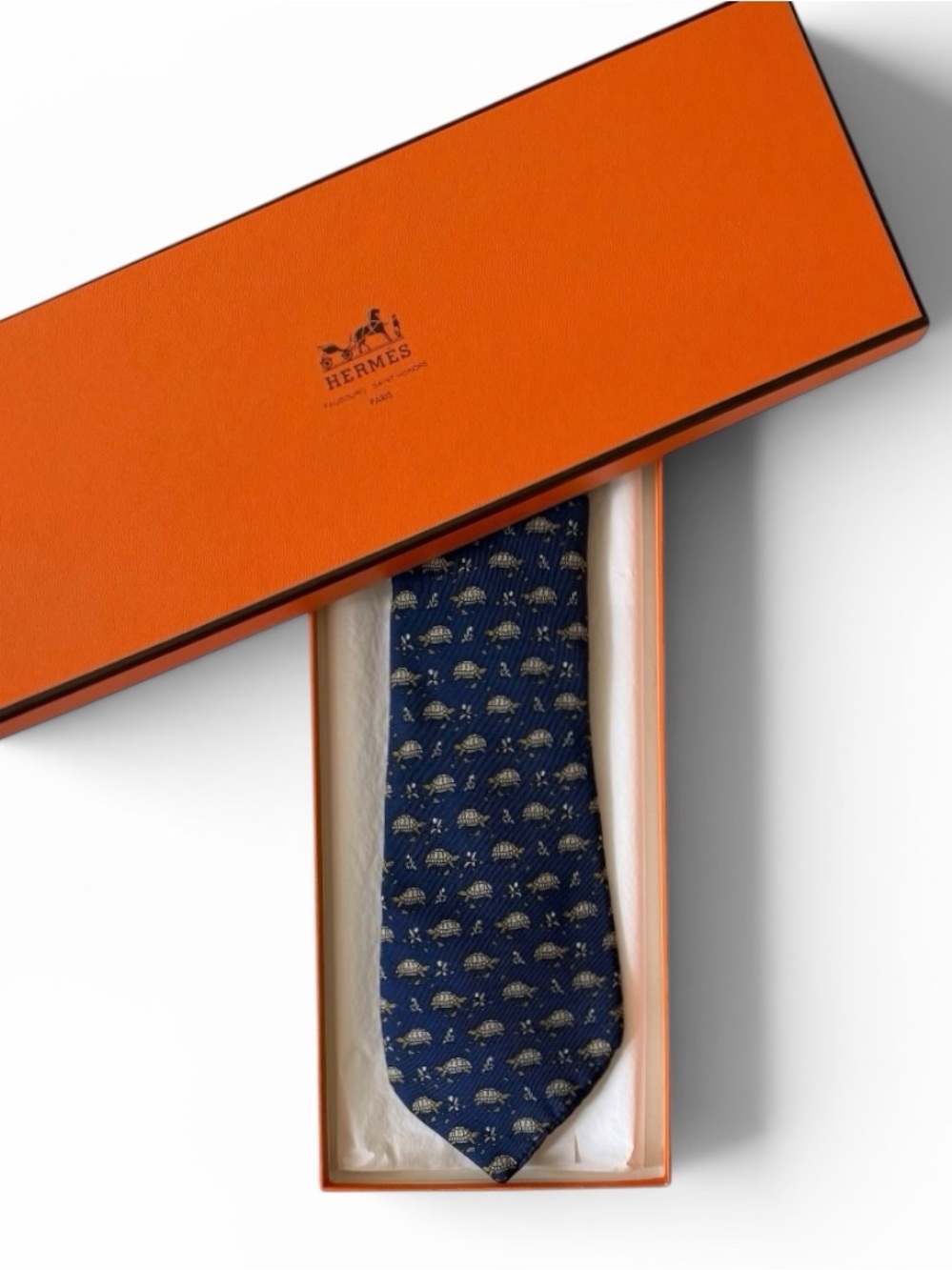 Hermès Navy Blue Turtle Print Silk Twill Necktie